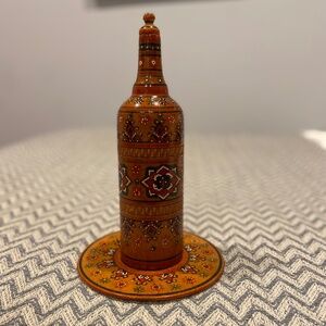 Folk Art Teak Wood Bottle & Plate – Geometric Design, Decorative